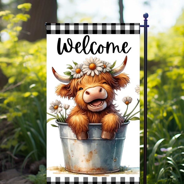 Happy highland cow, Garden flag, Sublimation design, Welcome, Daisies crown, PNG file, Clipart template, Digital Download 12"x18"