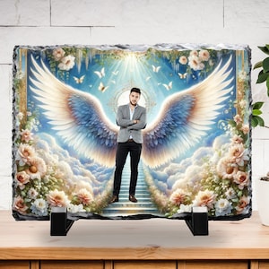 Memorial add photo slate angle wings in heaven, Watercolor, Sublimation Design, PNG, Design files download, Instant Download