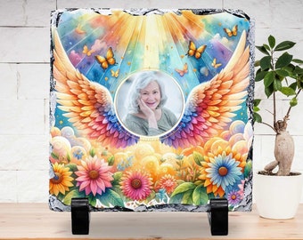 Memorial add photo slate angle wings, Watercolor, Sublimation Design, PNG, Design files download, Instant Download