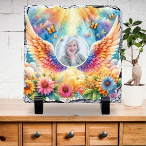 Memorial add photo slate angle wings, Watercolor, Sublimation Design, PNG, Design files download, Instant Download