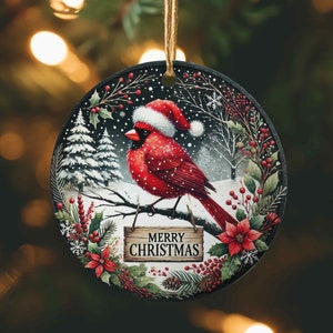 Ein Roter Kardinal mit Weihnachtsmütze Frohe Weihnachten Ornament Rund, Kranz Schild, Dekoration, Sublimation Designs Download, PNG, Türschild
