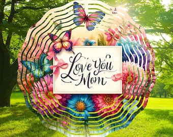 Add Text Floral Butterflies Love You Mom, Flower Watercolor, Sublimation Wind Spinner Designs, PNG Files, Design Download, Mother&#39;s day