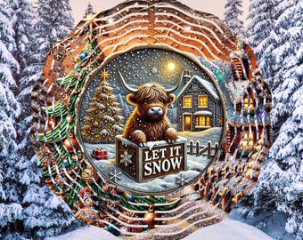 Christmas Highland Cow Let it Snow, Christmas Tree, Houses Snowing, Wind Spinner Designs, Sublimation Designs Downloads, PNG