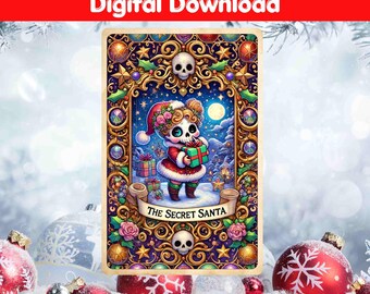 Secret Santa Funny Skeleton Skull Girl Women Lady Tarot Card Watercolor, Perfect Gift, PNG Digital Download, Sublimation Design Printable