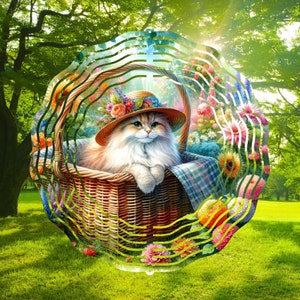 Wind Spinner Cat Basket Cute Design, Kwiat, Akwarela, Projekty sublimacji, Pliki PNG, Szablon do pobrania