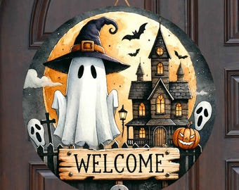 Welcome Sign Ghost Halloween Round Door Hanger, Wreath Sign, Welcome sign, Sublimation Designs Download, Cutting Board, PNG File