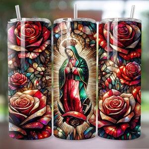 20 Oz Nuestra Señora de Guadalupe Tumbler Designs Wrap, Fondo de rosas, Descarga digital Flaco, Recto, PNG, Plantilla de vaso