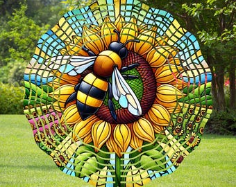 Bee Stained Glass Sunflower Wind Spinner, Sublimation Designs, PNG, Template Design Download, Instant Download