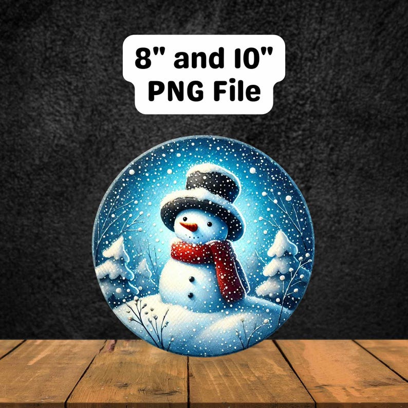 May include: A digital download of a snowman in a winter scene. The image is available in 8 inch and 10 inch PNG file formats.