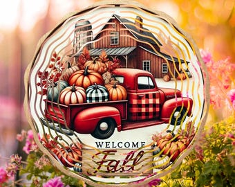 Red Vintage Truck Happy Fall Pumpkin Wind Spinner Designs, Sublimation Designs, PNG, Template Design, Instant Download, Round Signs