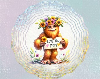 Lindo bigfoot wind spinner, Te amo mamá, Sasquatch con floral, Día de la Madre, Diseño de Sublimación, PNG, Descarga de Plantilla, Descarga Instantánea