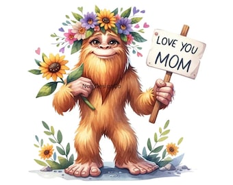 Bigfoot Love You Mom, Corona de girasol floral, Sasquatch PNG, Paquetes, Archivos digitales, Diseños de sublimación, Plantilla, Diseño lindo