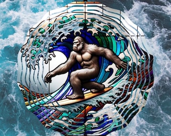 Bigfoot Surfing, The Great Wave Off Kanagawa,, Wind Spinner, Sasquatch ocean, Sublimation designs, PNG, Digital Download Template