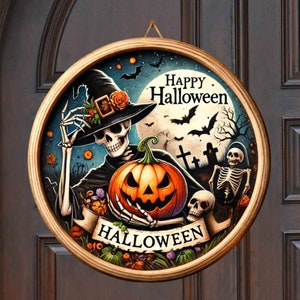 Feliz Halloween esqueleto redondo cabide de porta vintage, sinal de boas-vindas, download de designs de sublimação, tábua de corte, arquivo PNG