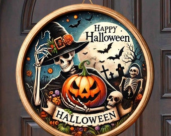 Happy Halloween Skeleton Round Door Hanger Vintage, Welcome sign, Sublimation Designs Download, Cutting Board, PNG File