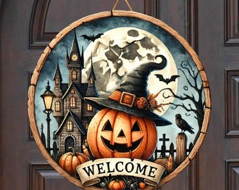 Door Round Fall, Halloween Pumpkin Welcome Wreath Sign, Door Hanger PNG Front Door Wreath , Sublimation Designs, Digital Download, PNG File