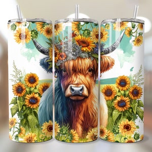 May include: A stainless steel tumbler featuring a watercolor illustration of a Highland cow adorned with a sunflower crown. The design includes sunflowers and greenery around the cow, with a straw and lid.