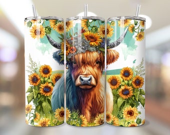 Highland Cow Sunflowers 20 Oz ,Tumbler Wrap, Flower Pot, Digital Download Skinny, Straight PNG