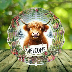 Add Text Welcome Happy Highland Cow Christmas Winter, Watercolor, Sublimation Wind Spinner Designs, PNG Files, Template Download