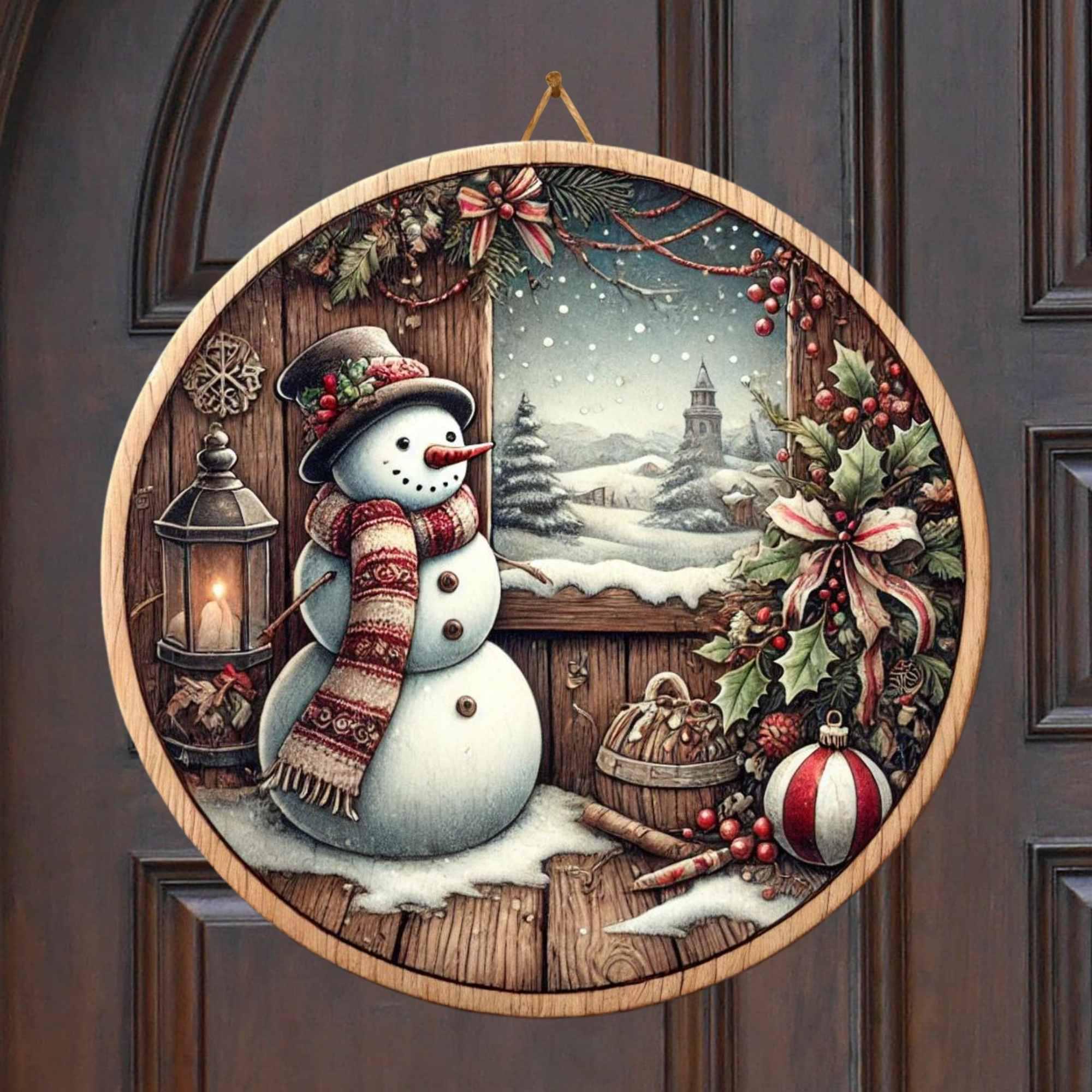 Snowman Rustic Wood House Christmas Round Door Hanger Vintage, Welcome ...