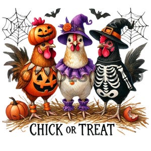 Könnte beinhalten: Drei Hühner in Halloween-Kostümen. Eines ist ein Kürbis, eines eine Hexe und eines ein Skelett. Die Hühner stehen auf Stroh und der Text "Chick or Treat" befindet sich darunter.