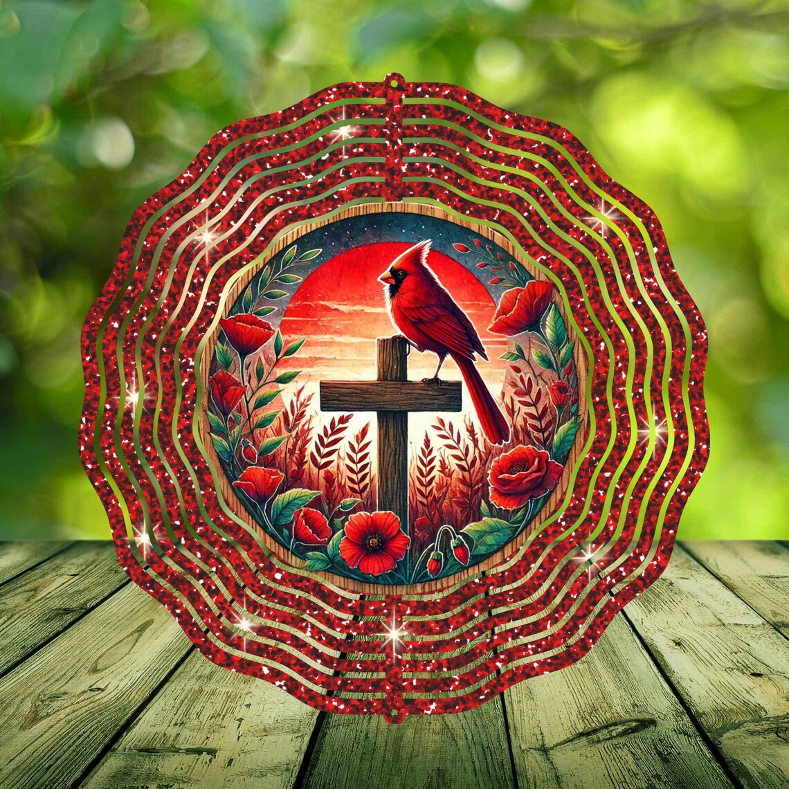 Vintage Red Cardinal Red Roses With Cross, Memorial Wind Spinner ...