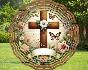 Add Text Wooden Cross with Flower and Butterflies, Wind Spinner, Sublimation Designs, PNG, Template Design, Instant Download