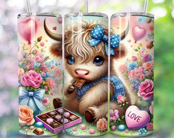 20Oz Cute Highland Cow, Tumbler Designs Wrap, Digital Download Skinny, PNG, Tumbler Template, Mother's Day, Straight and Tapered, Valentine