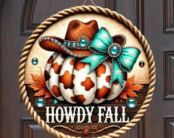 Howdy Fall, Welcome Sign Fall Pumpkin Bow and Cowboy Hat Western, Round Door Hanger, Sublimation Designs, PNG File, Digital Download