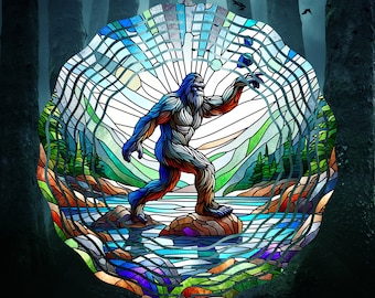 Bigfoot throw the rock, Stained glass, Wind Spinner, Sasquatch, Sublimation Design, PNG, Digital Design, Instant Download