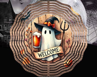May include: A wooden Halloween wind spinner with a ghost wearing a witch hat and holding a beer. The ghost is holding a sign that says "Welcome".