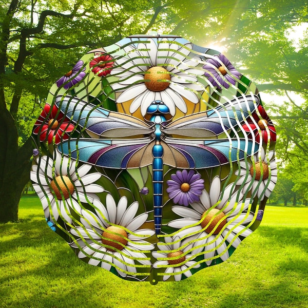 Flor de margaridas de libélula, vitral, cata-vento, designs de sublimação, PNG, download de design de modelo, download instantâneo, clipart