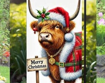 Highland Cow Merry Christmas, Garden Flag, Sublimation Designs, Welcome, Christmas Hat, PNG File, Clipart Template, Digital Download 12"x18"