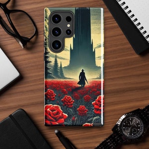 May include: A phone case with a dark silhouette of a person walking towards a tall, dark building in a field of red roses. The case has a camera lens cutout with three black circles.