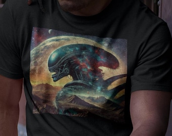 May include: A black t-shirt with a graphic print of a creature from the Alien movie franchise. The creature is depicted in a dark, futuristic setting with a galaxy background.