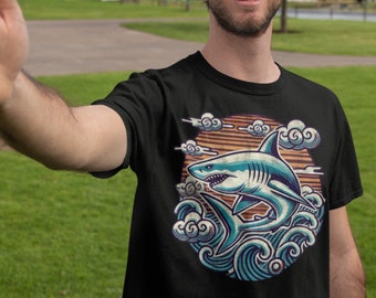 Shark Wave T-Shirt, Shark Shirt for Beach, Pool Party Tee with Shark, Gift for Shark Lover