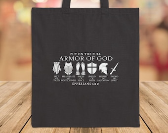 Bolso tote con estampado personalizado "Ponte la armadura completa de Dios", 100 % lona de algodón, duradero, inspirador y elegante, perfecto para el uso diario
