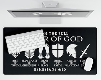 Alfombrilla de escritorio negra grande, alfombrilla de ratón de escritorio Full Armor of God, cita inspiradora cristiana, base antideslizante, superficie lisa, accesorio para juegos, regalo