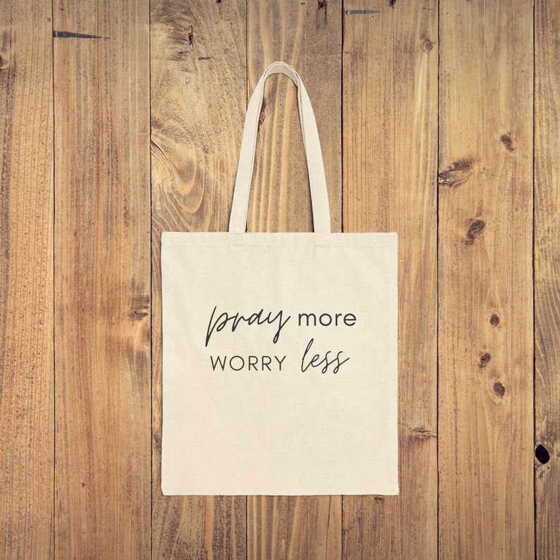 bible tote bag, Cotton canvas shopping bag, Eco-friendly grocery bag, Durable everyday tote, Positive message tote,Faith quote tote bag, printed canvas bag,Black and natural tote bag,Heavy fabric tote bag Pray More Worry Less printed bag,gift for her
