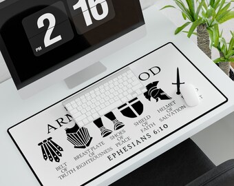 Large White Desk Mat, Full Armor of God Desk Mouse Pad, Christian Inspirational Quote, Non-Slip Base, Smooth Surface,  PC Gaming Accessories