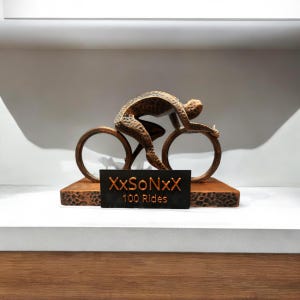 May include: A bronze-colored sculpture of a cyclist riding a bicycle. The sculpture is on a wooden base with a black plaque that reads "XxSoNxX 100 Rides".