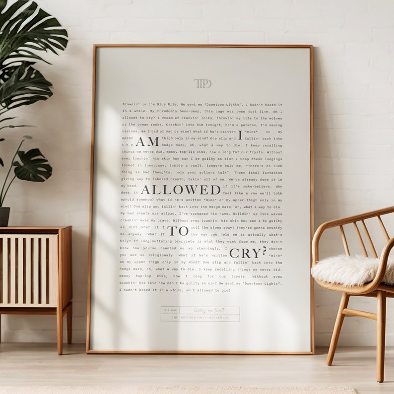 Guilty as Sin Lyric Printable Poster, the Tortured Poets Department