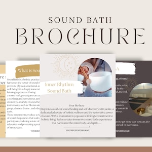 Puede incluir: Una plantilla de Canva para un folleto de baño de sonido. La plantilla presenta un fondo marrón claro con un título marrón oscuro que dice "Folleto de baño de sonido". El folleto incluye cuatro secciones diferentes con imágenes y texto. La primera sección se titula "¿Cuáles son los beneficios de un baño de sonido?" y enumera varios beneficios, incluida la reducción del estrés, la mejora del sueño y el aumento de la vitalidad. La segunda sección se titula "¿Qué es un baño de sonido?" y proporciona una definición de baño de sonido. La tercera sección se titula "Ritmo interno Baño de sonido" y presenta una imagen de una persona tocando un cuenco de sonido. La cuarta sección se titula "Tu bio aquí" e incluye una llamada a la acción para entrar en un mundo de sanación sonora y autodescubrimiento. La plantilla está diseñada para ser utilizada para la comercialización y promoción de los servicios de baño de sonido.