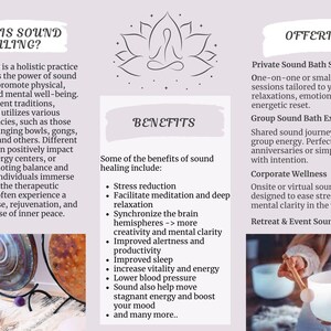 Puede incluir: Un gráfico con un fondo rosa y un diseño de flor de loto blanca. El texto "What is Sound Healing?" está en la parte superior del gráfico. El texto "Benefits" está en el centro del gráfico. El texto "Offerings" está en el lado derecho del gráfico. El gráfico describe los beneficios de la sanación por sonido y los diferentes tipos de ofertas de sanación por sonido.