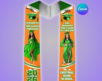 Orange Green Graduation Stole Template, College Grad Sash, High School Stole, Editable Canva Design, Senior, Class Of 2026, Digital Download
