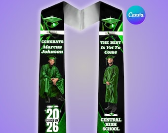 Green Black Graduation Stole Template, College Grad Sash, High School Stole,Editable Canva Design, Class Of 2026, Senior, Digital Download