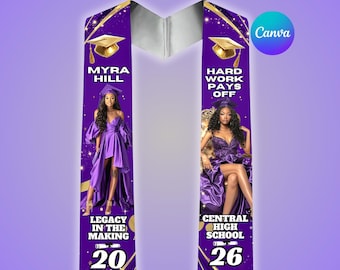 Purple Gold Graduation Stole Template, College Grad Sash, High School Stole,Editable Canva Design, Class Of 2026, Senior, Digital Download