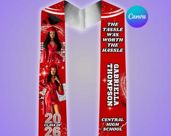 Red Graduation Stole Template, College Grad Sash, High School Stole,Editable Canva Design Template, Class Of 2026, Senior, Digital Download