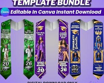 Glam Graduation Stole Canva Template Bundle, Editable Grad Stoles, Class of 2026, Purple Senior Grad Sash, Green Grad Stole, Blue Grad Stole