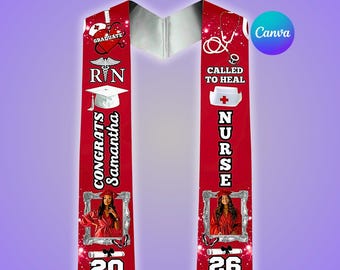 Red Nurse Grad Stole 2026 Template, Nursing Grad Stole 2026, Editable Canva Design, Class of 2026, Nursing Stole, BSN Stole, RN Stole